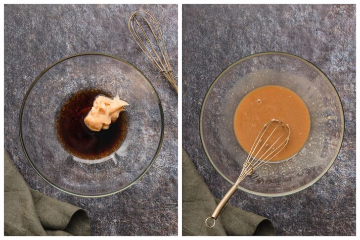 Before and after photos showing a miso glaze being whisked together in a glass bowl.