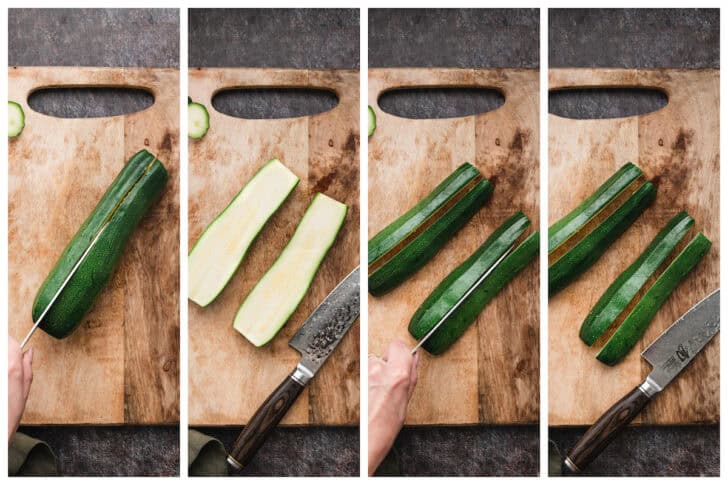 A series of four photos showing how to cut a zucchini for grilling.