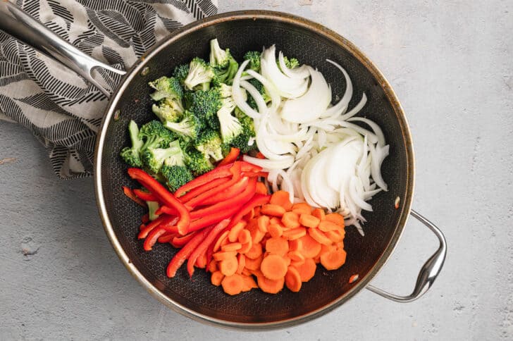 A skillet filled with vegetables.