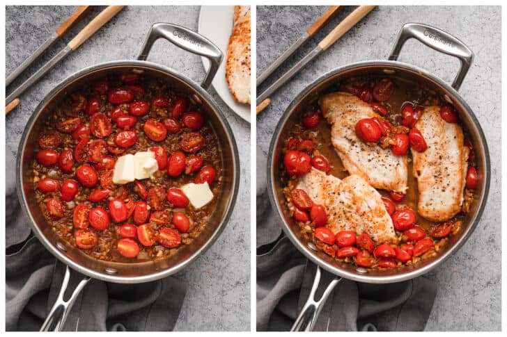 Before and after photos showing a tomato sauce being finished with butter, and chicken being added to the sauce.