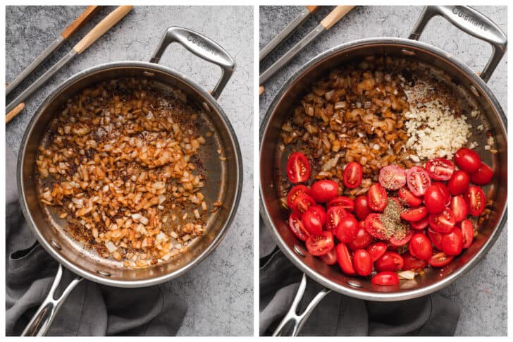 Before and after photos showing onions being cooked, then tomatoes and garlic being added to a skillet.