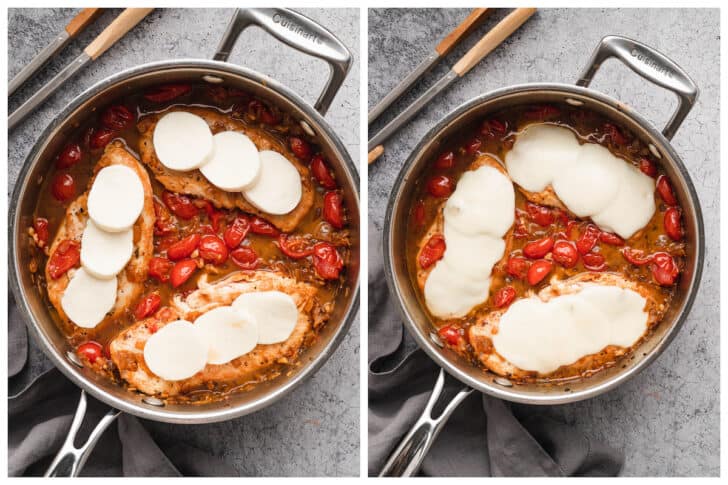 Before and after photos showing chicken topped with cheese in a tomato sauce being baked in a skillet.