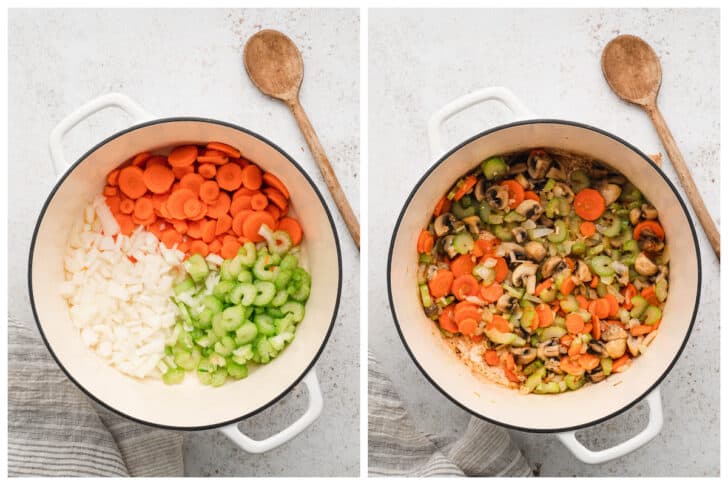 Before and after photos showing mirepoix being sauteed, and then mushrooms being added, in a Dutch oven.