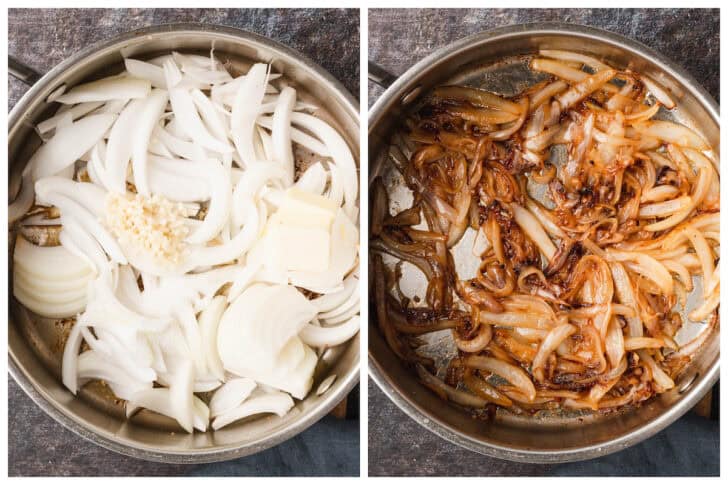 Before and after photos showing sliced onions being caramelized in a skillet.