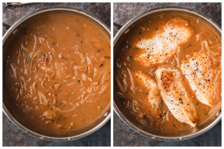 Before and after photos showing chicken being added to a French onion sauce mixture.