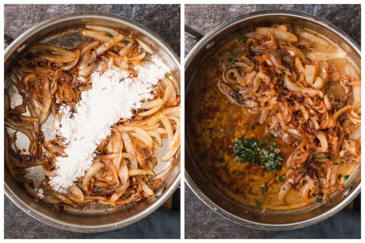 Before and after photos showing flour and herbs being added to a caramelized onion mixture in a skillet.