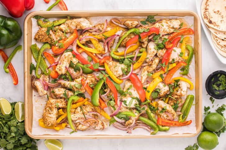 Sheet pan chicken fajitas, just out of the oven.