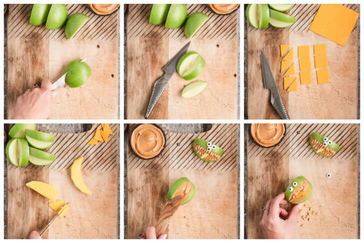 A collage showing the six steps of making edible monsters with green apples, peanut butter and garnishes.