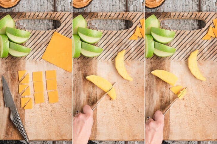 Three photos showing how to cut "tongues" from cheese and mangos for Halloween recipes.