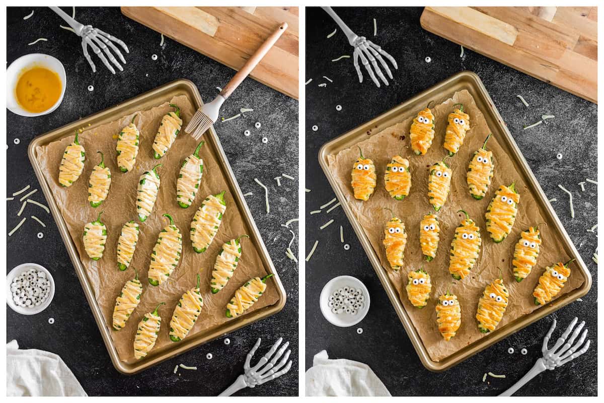 Before and after photos showing Halloween jalapeno poppers before and after baking.
