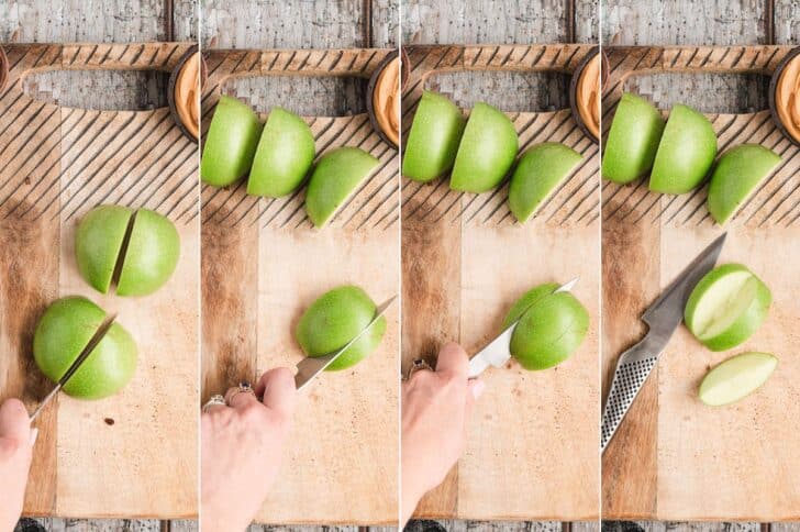 A series of four photos showing how to cut an apple to turn it into a Halloween food idea.