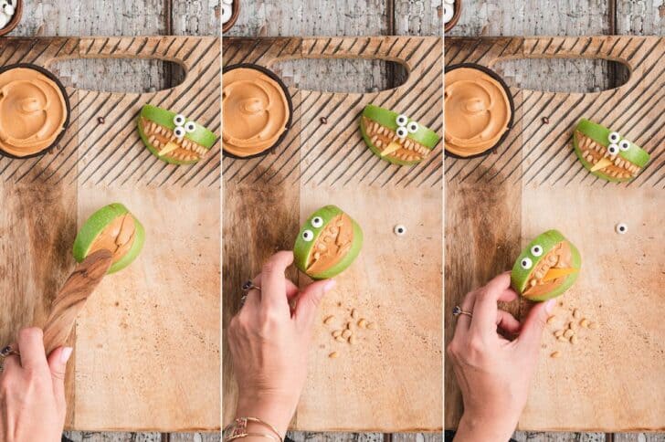 Three photos showing the process of turning apple slices into Halloween themed food.