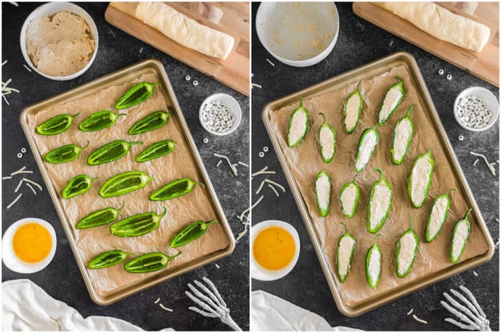 Two photos that show the process of making jalapeno popper mummies, including cutting the jalapenos in half and cleaning them, and filling them with a creamy filling.