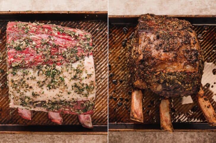 Two photos showing a standing rib roast rubbed with prime rib dry rub, before and after roasting.