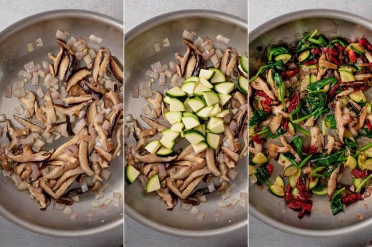 Three-panel process shot of shiitake mushrooms and shallot sautéing in a skillet, then chopped zucchini added, then spinach and sun-dried tomatoes stirred in to finish the vegetable filling
