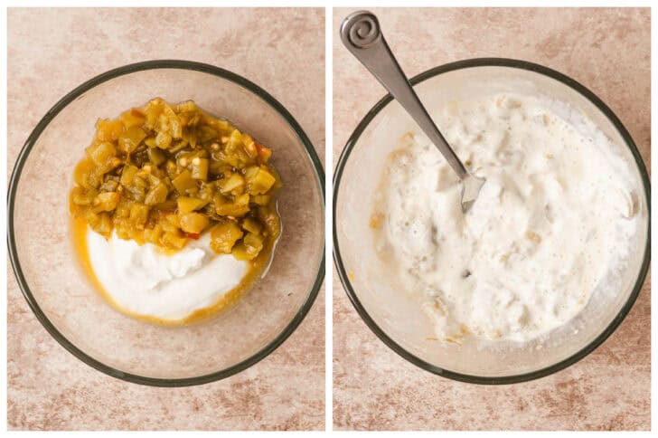 Before and after photos showing sour cream and diced green chiles being stirred together.