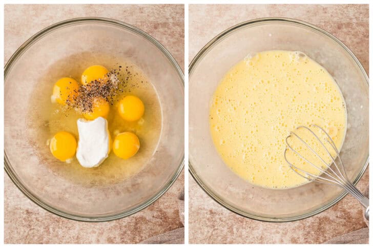 Before and after photos showing eggs, sour cream and salt and pepper being whisked together.