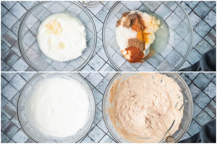 Before and after photos of a yogurt-based sauce and marinade being stirred together in separate glass bowls.