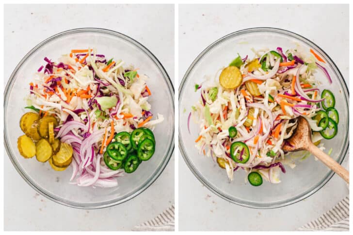A before and after set of photos showing a jalapeno and pickle coleslaw being stirred together in a glass bowl