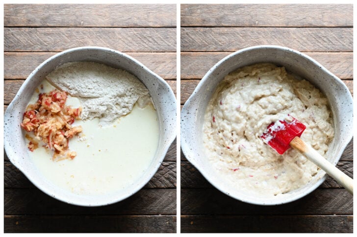 Before and after photos showing a beige batter and shredded fruit being whisked together in a rustic bowl.