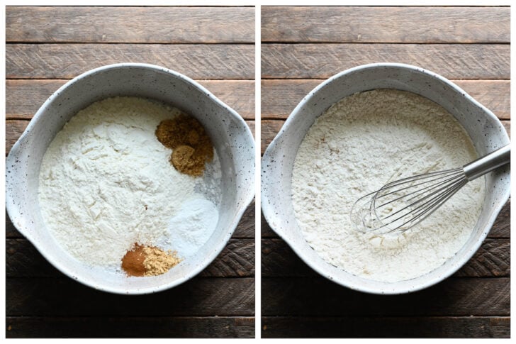 Before and after photos showing dry baking ingredients being whisked together in a rustic bowl.