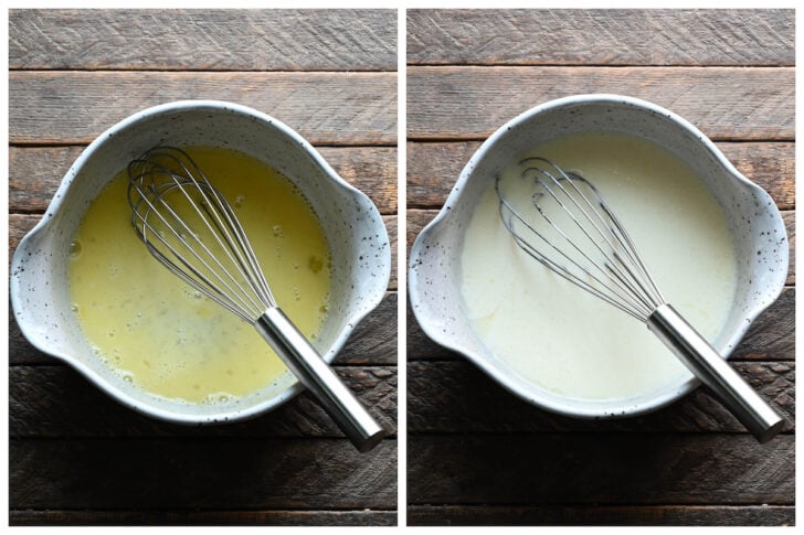 Before and after photos showing wet baking ingredients being whisked together in a rustic bowl.