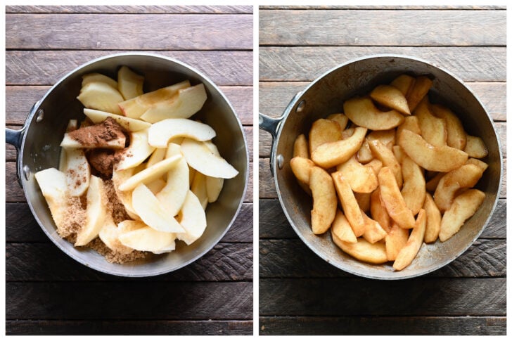 Before and after photos showing apple topping for pancakes being cooked in a small pot.