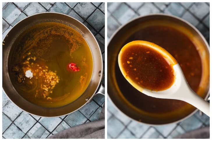 Before and after photos showing a curry mango sauce being made.