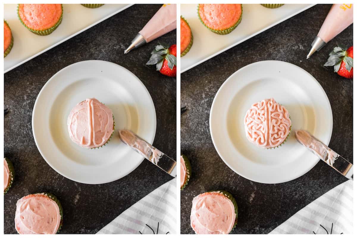 Process photos showing how to pipe frosting onto brain cupcakes.