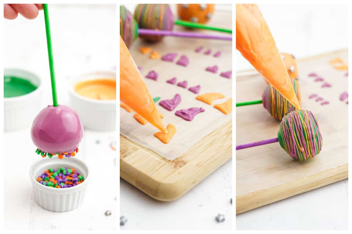 Three photos showing how to decorate Halloween cake balls in various ways.