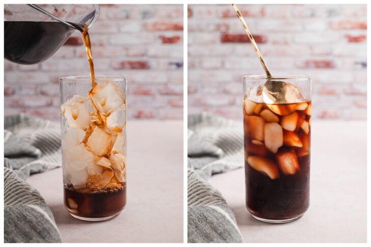 Before and after photos showing cold brew and ice being stirred together.