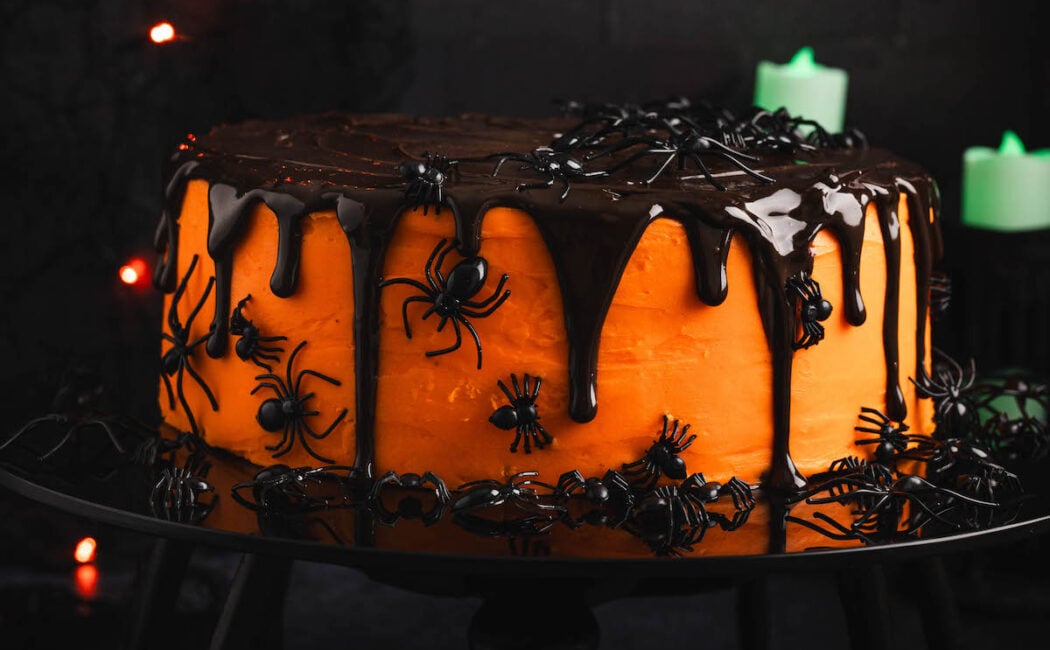 A Halloween Cake decorated with plastic spiders in front of a dark backdrop.