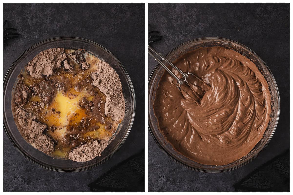 Before and after photos showing a chocolate baking mix being whisk together in a glass bowl.