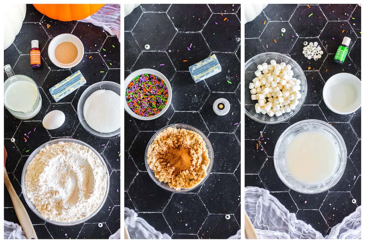 A collage of three photos showing baking ingredients and decoration items on a black surface.