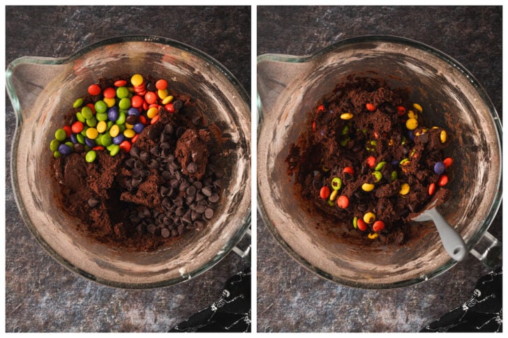 Before and after photos showing colored candies and chocolate chips being stirred into chocolate batter.