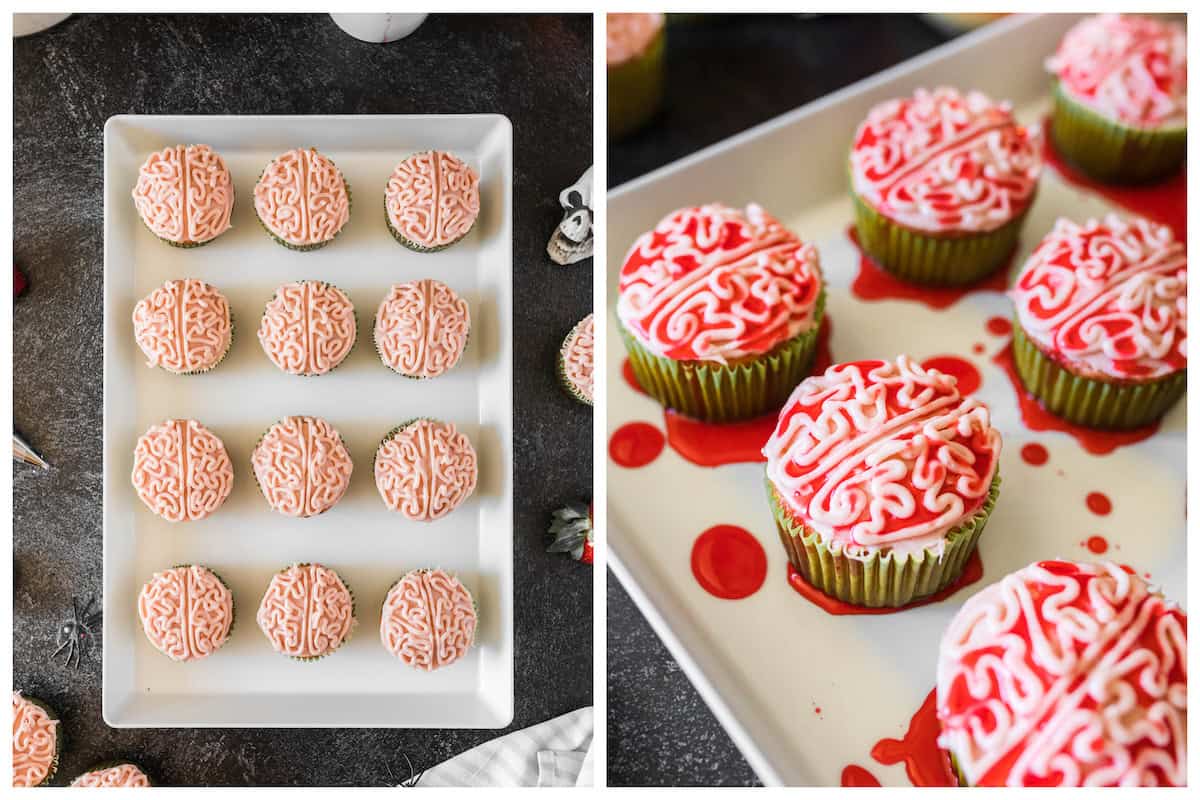 Before and after photos of spooky cupcakes being drizzled with "blood."