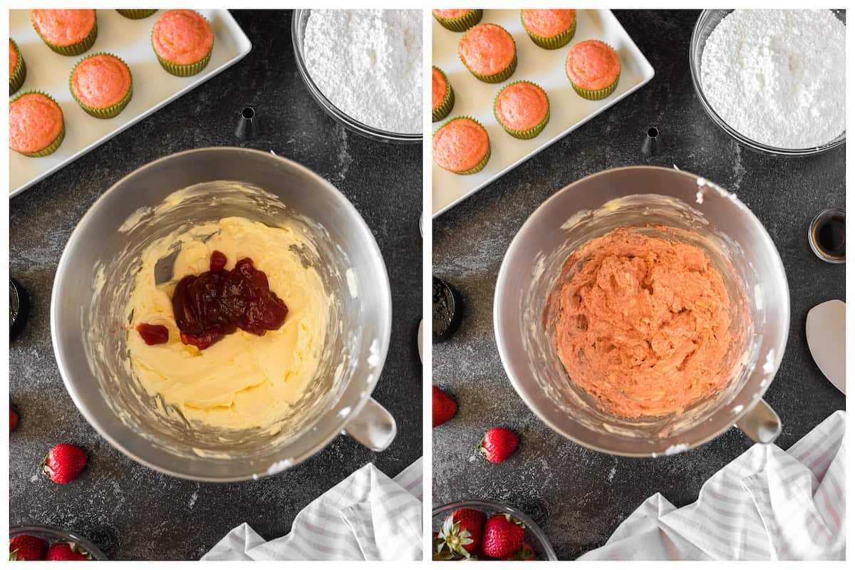 Before and after photos showing strawberry buttercream frosting being mixed together.