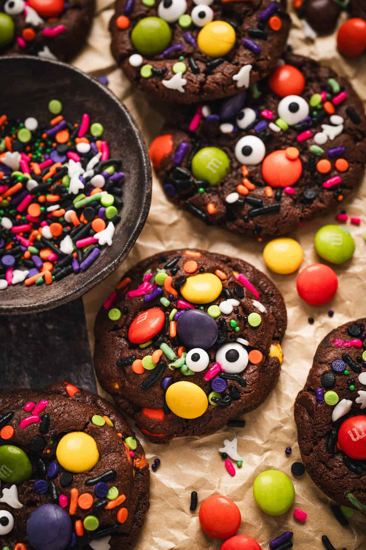 Halloween candy cookies decorated with sprinkles.