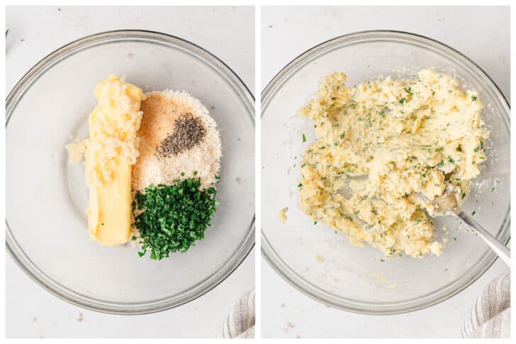 Before and after photos showing a butter and herb mixture being stirred together in a glass bowl.