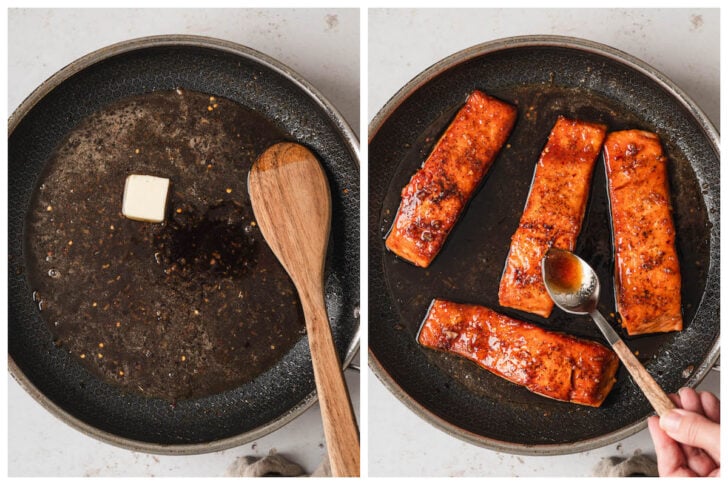 Before and after photos showing a buttery glaze being made in a skillet, then salmon added and covered with the glaze.