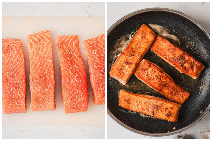 Before and after photos showing salmon being seasoned and seared in a skillet.