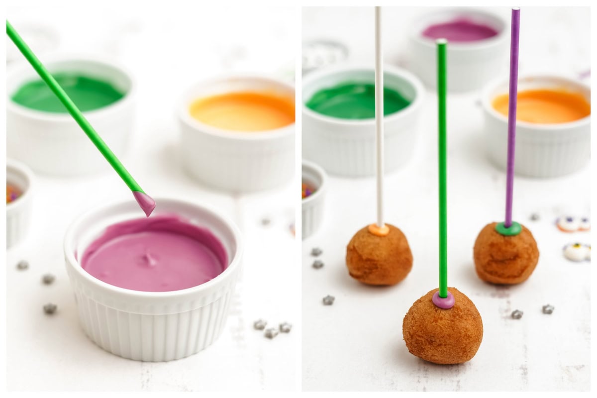Two photos showing the process of securing donut holes onto sticks with candy melts.