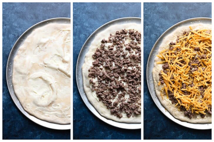 A series of three photos showing a hamburger pizza being built.