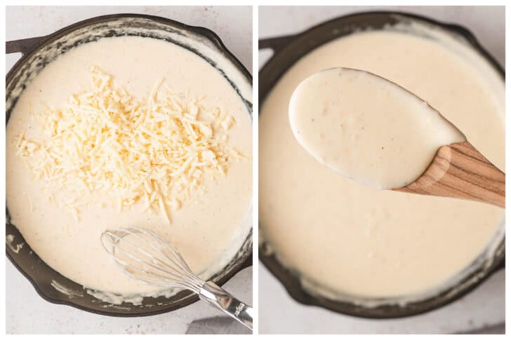 Before and after images showing a cheese being added to a cream sauce in a cast iron skillet.