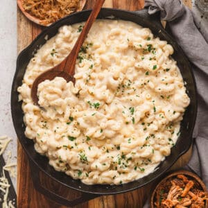 Stovetop mac and cheeses in a cast iron skillet.