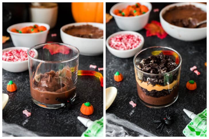 Two photos showing the process of layering  a spooky dessert.