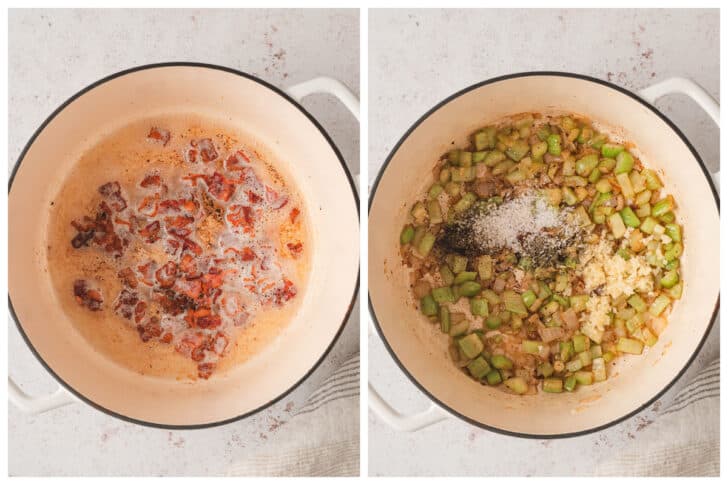 Two photos showing bacon and aromatic vegetables being sauteed in a white Dutch oven.