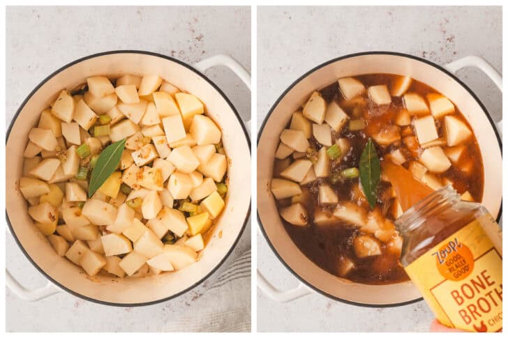 Two photos showing chicken broth being added to a pot of potato soup.