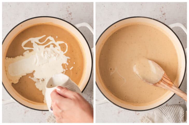 Two photos showing cream being added to a pot of a light brown pureed liquid.