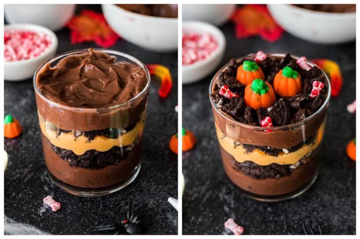 Two photos showing the process of layering a dessert for a spooky party.